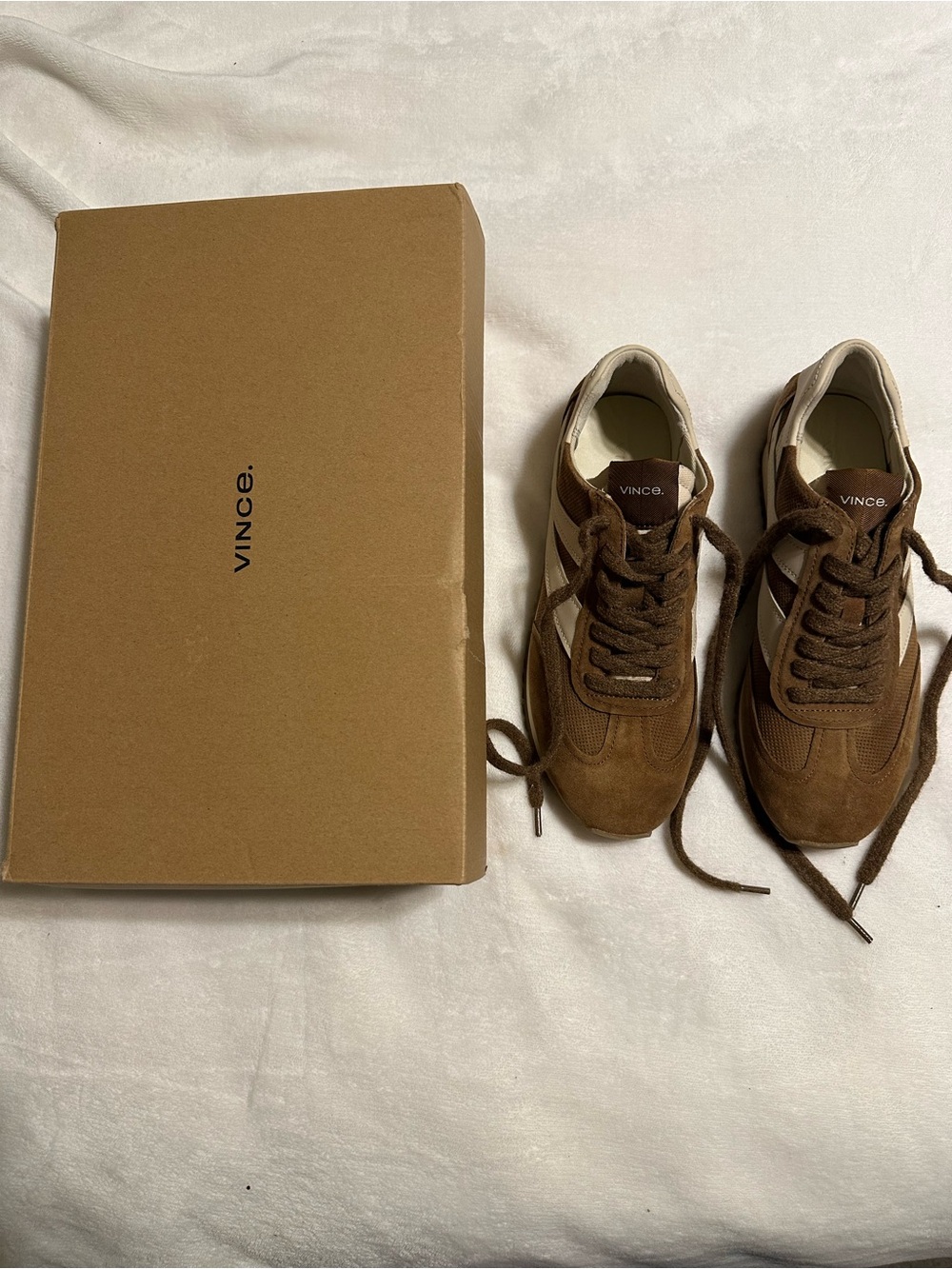 Vince Brown Suede Sneakers with Cream Side Accents Retail $275